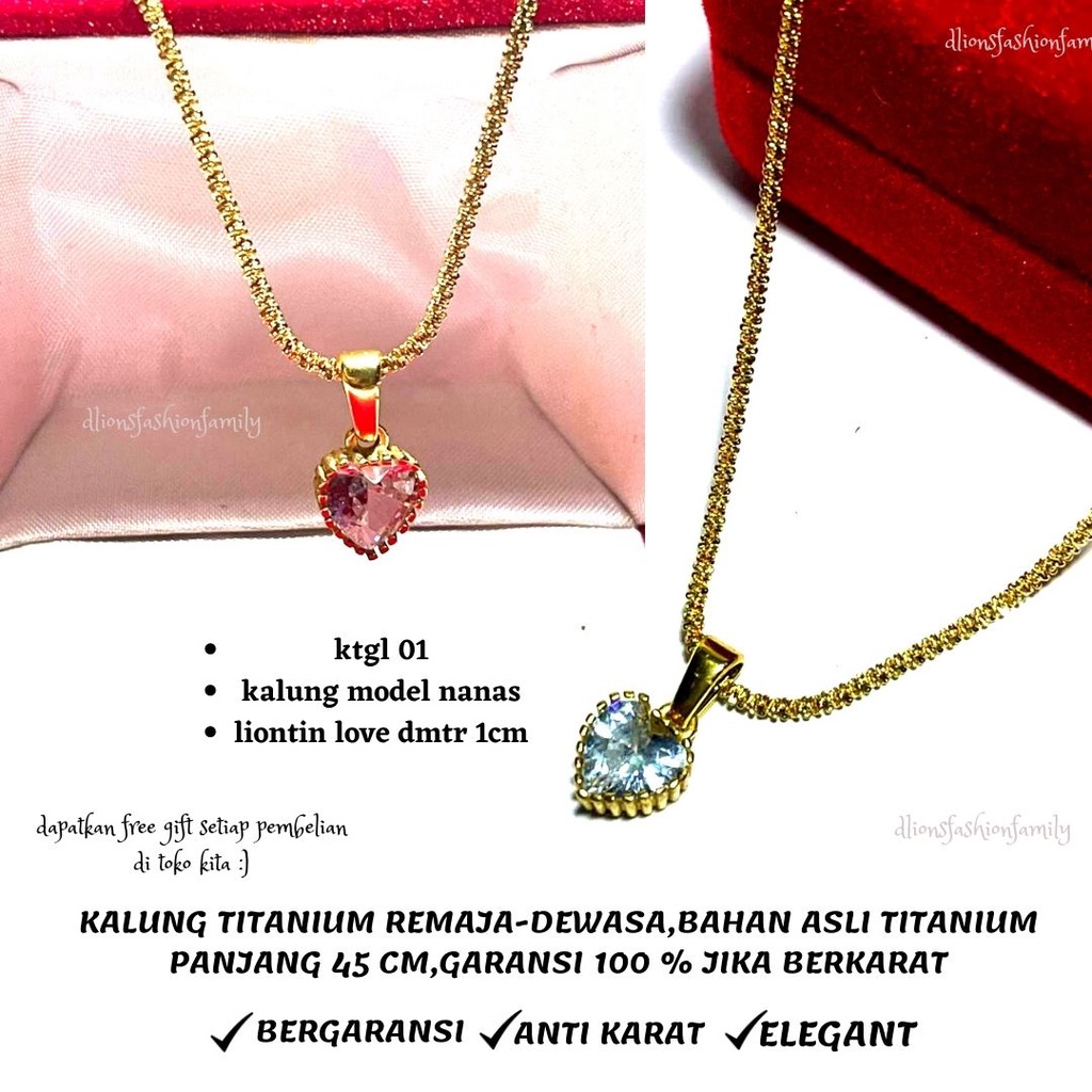 KALUNG TITANIUM WANITA ANTI KARAT,PANJANG 45 CM,BANDUL LOVE PERMATA,DIJAMIN TIDAK GATAL DAN TIDAK BERKARAT,COCOK UNTUK REMAJA-DEWASA