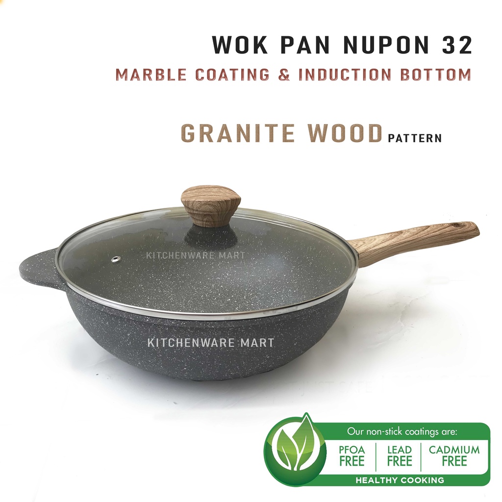 WOK PAN NUPON 32 CM MARBLE COATING - INDUCTION BOTTOM WOOD PATTERN - WOK GRANITE PFLUON WOOD KERAMIK PFLUON NEW