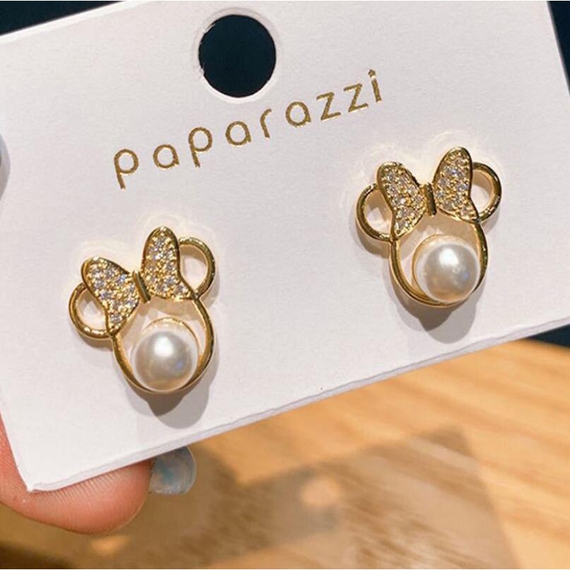 S925 jarum mikro bertatahkan mutiara bow tikus kecil anting-anting Internet celebrity fashion anting