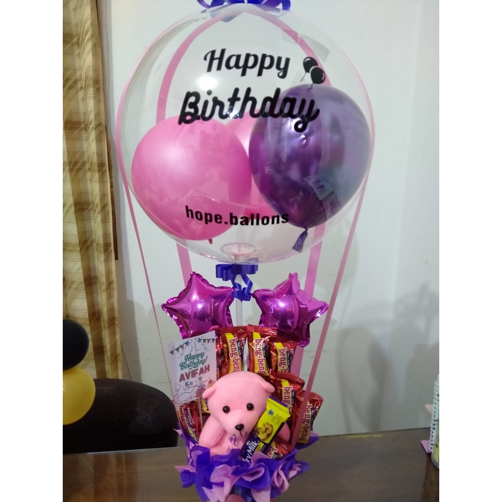 Buket balon Jumbo pink isi boneka+snack