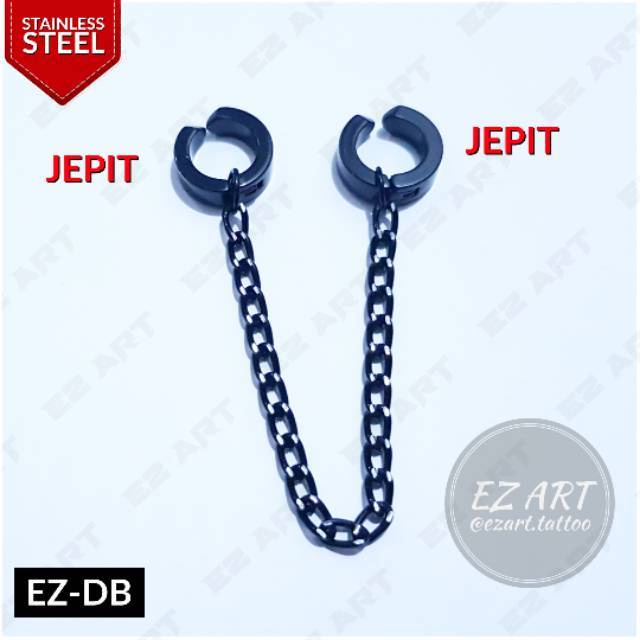 1Pc Model EZ-DB DOUBLE GANDA Black Hitam Anting Pria dan Wanita Jepit Tusuk Variasi Rantai