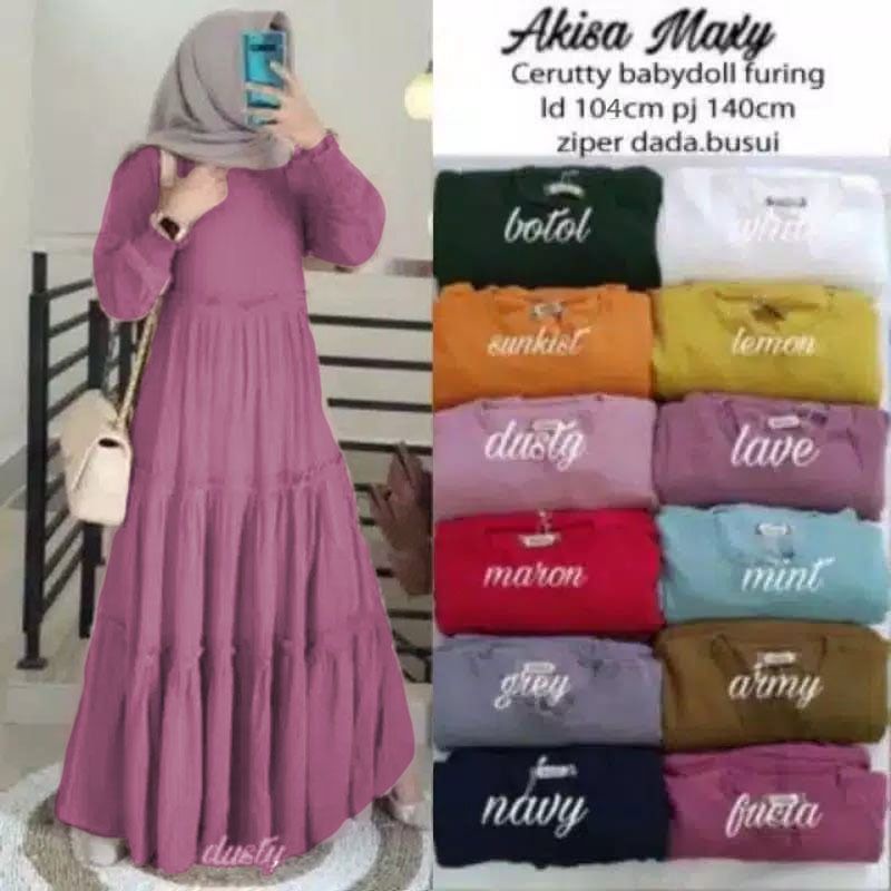 Baju Gamis Akisa Maxy Dress Bahan Ceruty Baby Doll Full + Lapis Dalam Puring Hyget Super