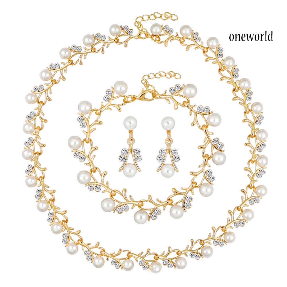 OW@ Women Bride Faux Pearl Rhinestone Necklace Stud Earrings Bracelet Jewelry Set