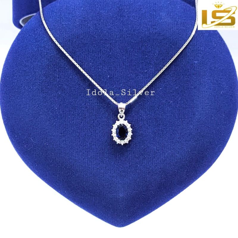 KALUNG PERAK ASLI SILVER WANITA 925 LAPIS EMAS PUTIH MODEL LIONTIN OVAL PERMATA BIRU, PUTIH - PERHIASAN PERAK ASLI