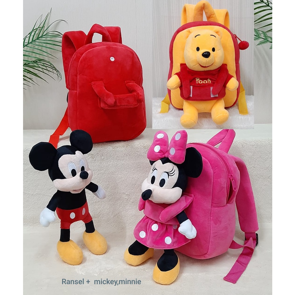 Toysopedia Tas Ransel Boneka Mickey Minnie Size M/Backpack Anak Paud/Tas Karakter Miki Mini Boneka Bisa Dilepas