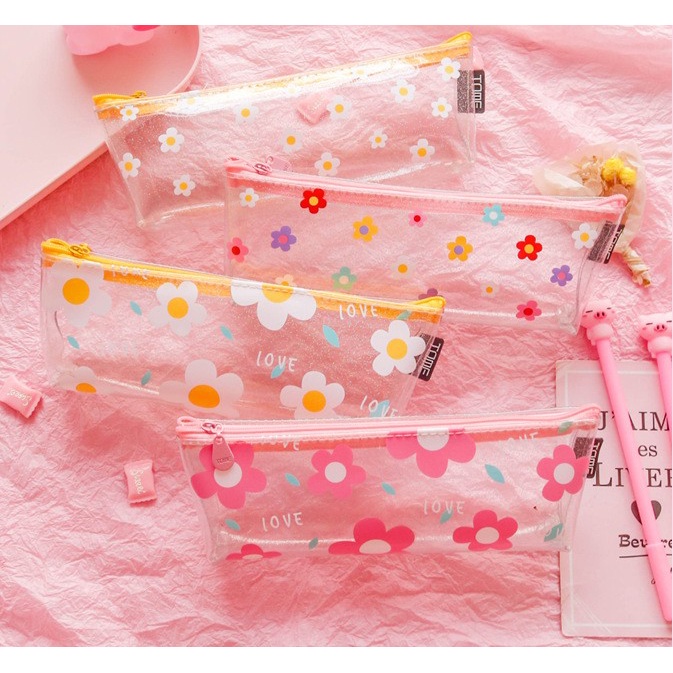 

[FS] Tempat Pensil Transparan Daisy Sakura Pouch Glitter Blooming Cherry Blossom Case Stationery Lucu
