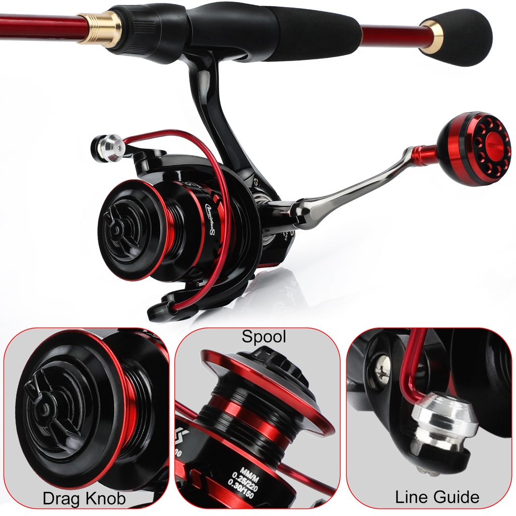 Sougayialng Joran Pancing Set 1.8M-2.1M  Merah Warna Joran Pancing Teleskopik Dengan Bahan Serat Karbon Fishing Rod Gulungan Memancing Dengan 5.0:1GR 13BB Dan Umpan Pancing Senar Pancing Free  KOMPLIT Untuk Pemula dan Anak-anak