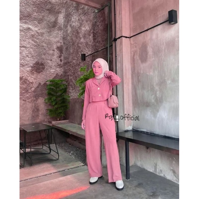 ONE SET CROP TOP BLEZER || KEMEJA CROP CRINGKLE || SET WANITA-PEACH