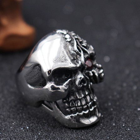 SEUSUK  Punk Double-sided One-eyed Skeleton Retro Band Ruby Domineering Men Ring