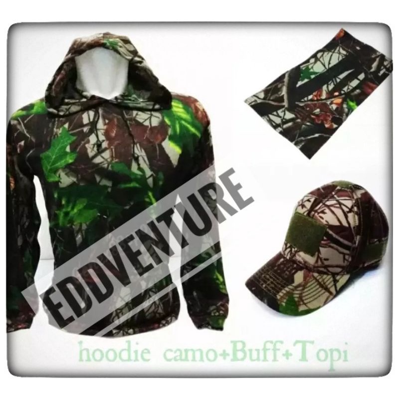 Satu Set Setelan Baju Kaos Hoodie Topi Buff Loreng Camo Perbakin Satu Stel Seragam Berburu Hunting Hutan Kamuflase Tactical Outdoor