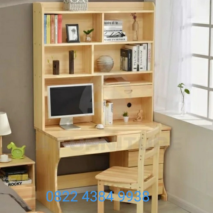 Meja Belajar Anak Kayu Jati Minimalis Lemari Rak Tempat Buku Laptop