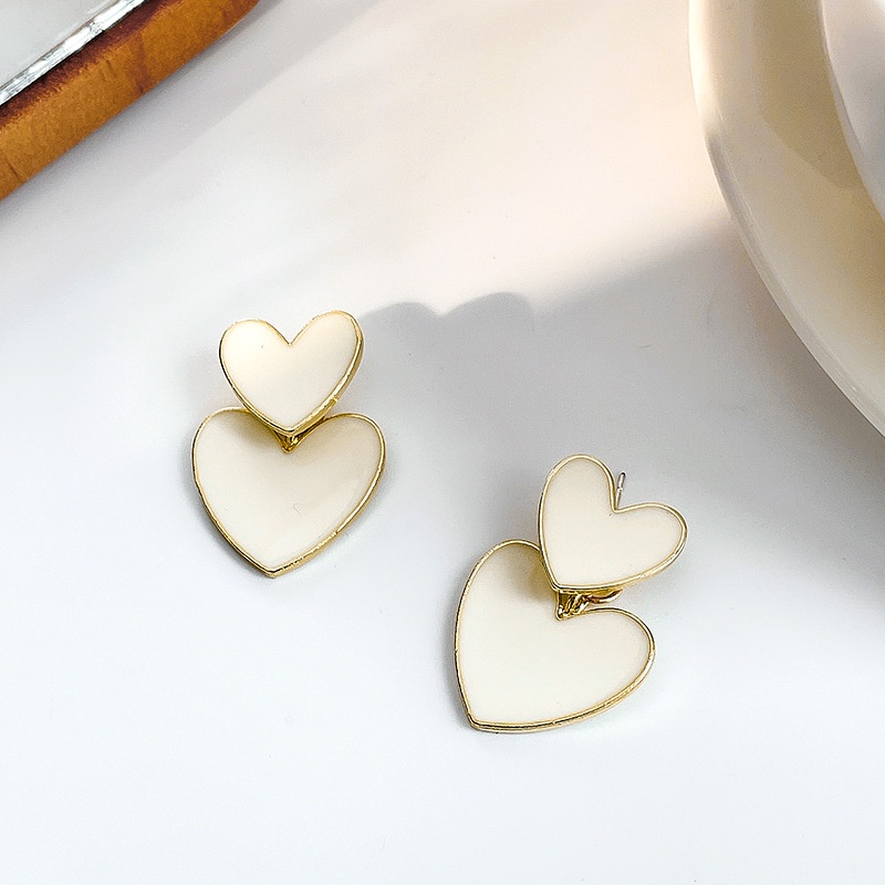 Anting S925 Silver Needle Bentuk Hati Ganda Warna Putih Gaya Korea Untuk Perhiasan