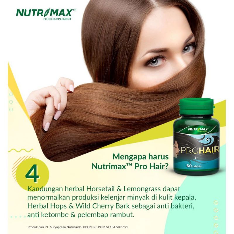 NUTRIMAX PROHAIR PRO HAIR SHINE VITAMIN OBAT RAMBUT RONTOK BOTAK TIPIS UBAN KETOMBE KUSAM 60 TABLET