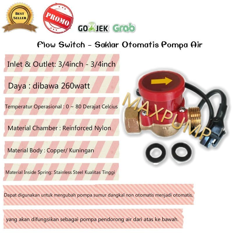 MAXPUMP FLOW SWITCH 3/4 INCH -3/4 INCH (Otomatis Pompa Booster) - Saklar Otomatis Pompa Air Daya 220V AC