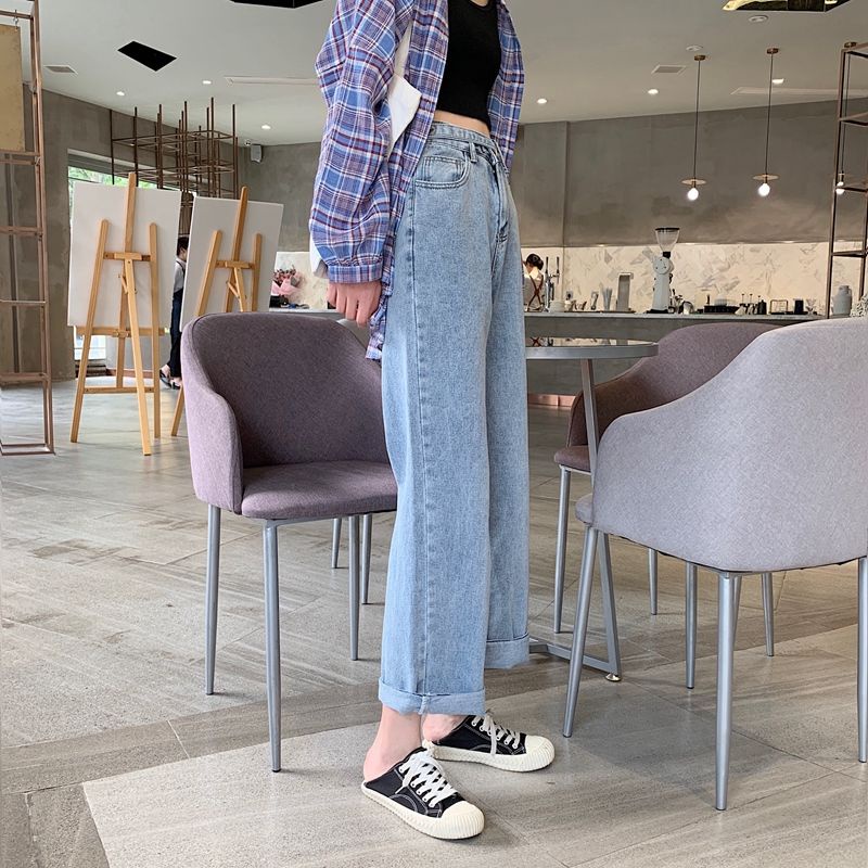 Mode Lurus Tinggi Perempuan Korea Pinggang longgar lebar Leg Jeans