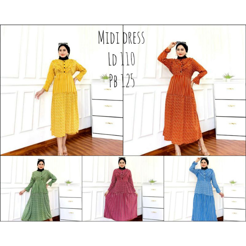 gamis wanita Midi dress rayon viscos motif salur pakaian wanita kekinian busui kancing warna biru kuning hijau ungu