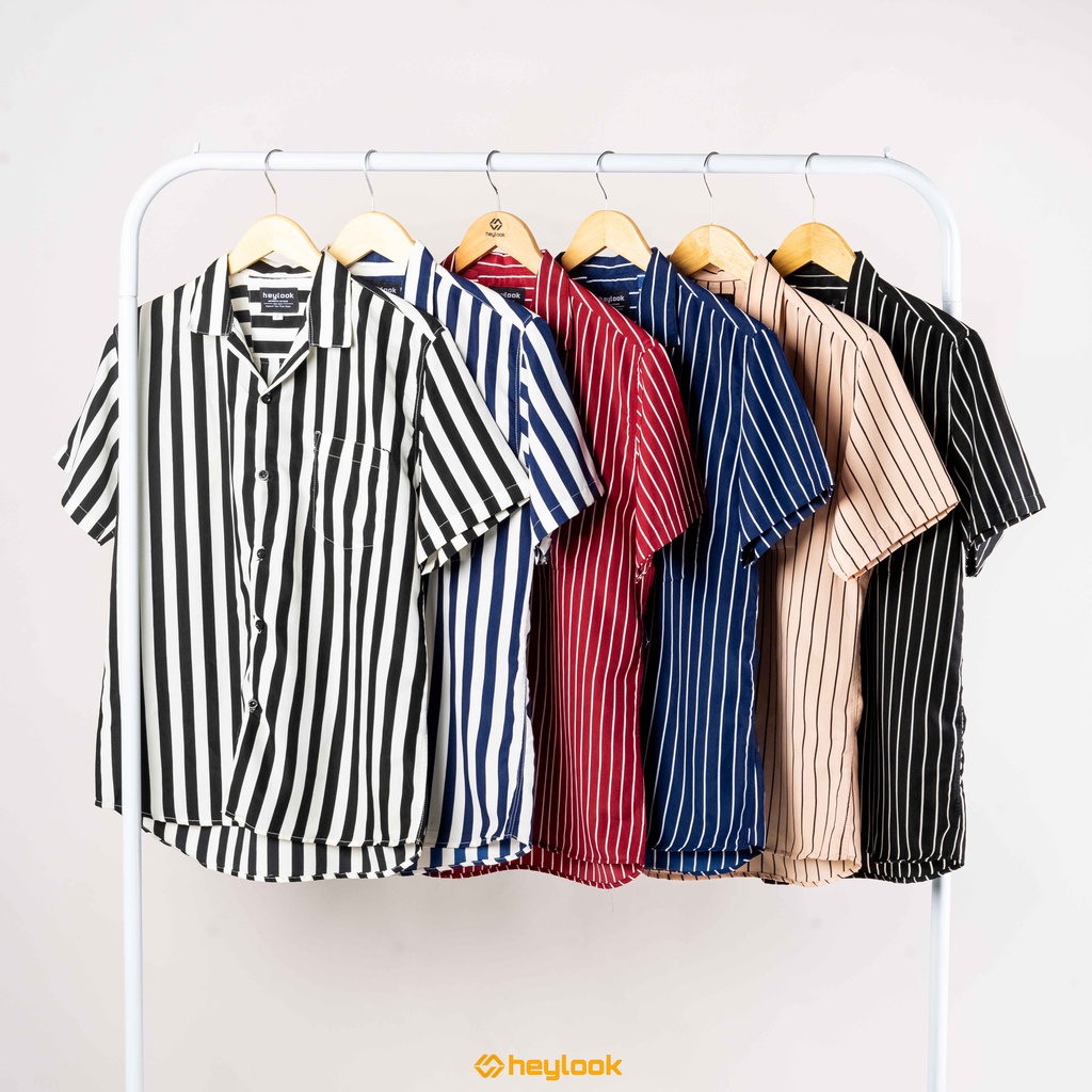 Kemeja Strip Stripe Kemeja Salur Belang Pria Kemeja Lengan Pendek Motif Garis Kemeja Santai Casual Formal Kemeja Distro Branded Original Premium