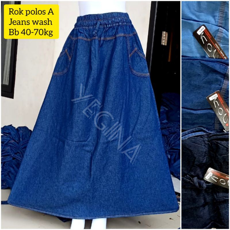 Rok jeans panjang polos wanita dewasa model A pinggang karet