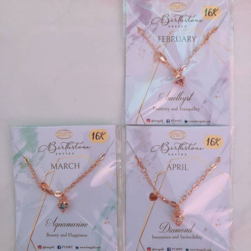 Kalung, anting, cincin dan gelang birthstone batu warna bulan lahir HWT kadar 16K 700