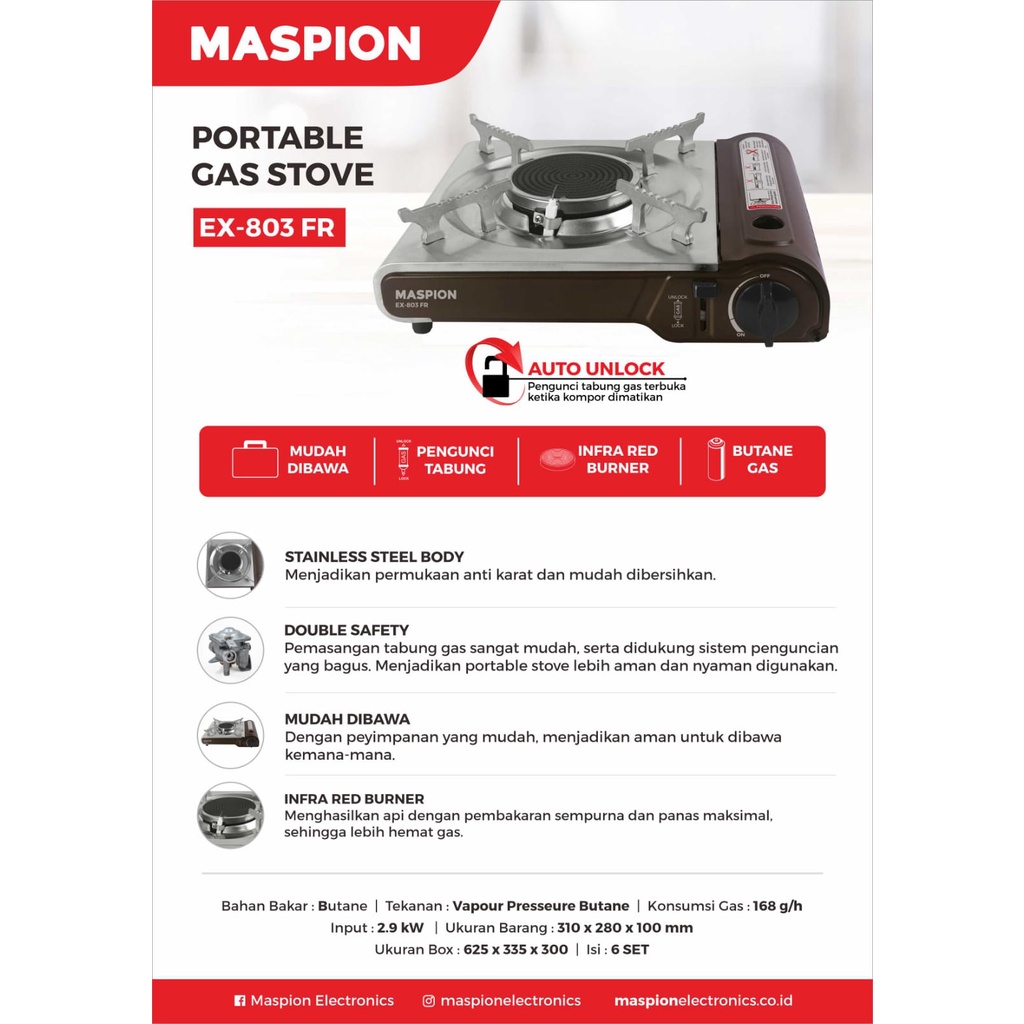 MASPION EX 803 FR PORTABLE GAS COOKER 1 STOVE / KOMPOR GAS 1 TUNGKU / EX803FR