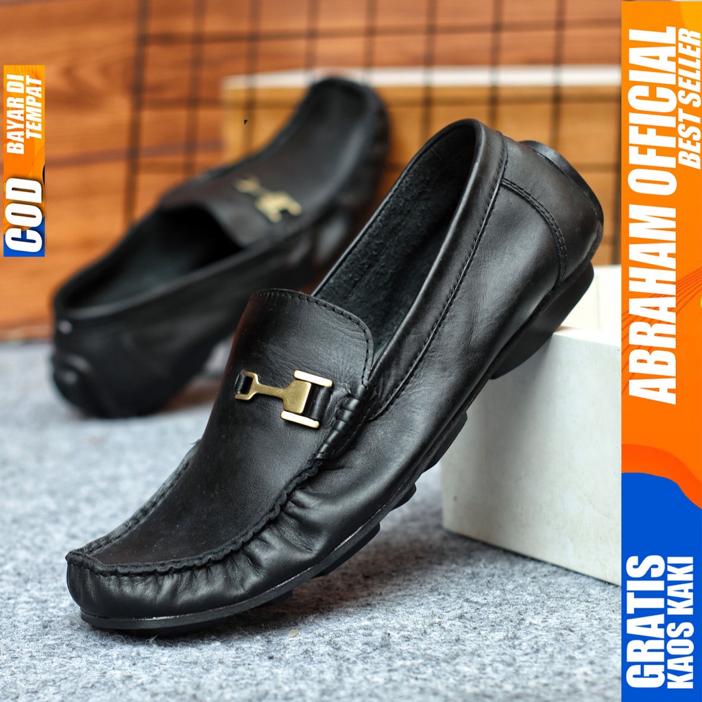 Sepatu Casual Pria Formal Slip On Pantofel Kulit Asli Kerja Kantor Kondangan Kuliah Hitam Fashion Shoes Terbaru Murah Kekinian Original MULIN ABRAHAM