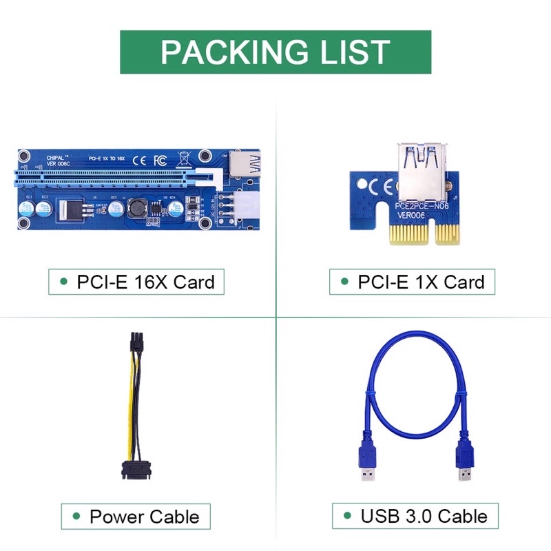 PCI-E 006c Riser Card 1X to 16X 30Cm USB 3.0 Cable SATA to 6Pin