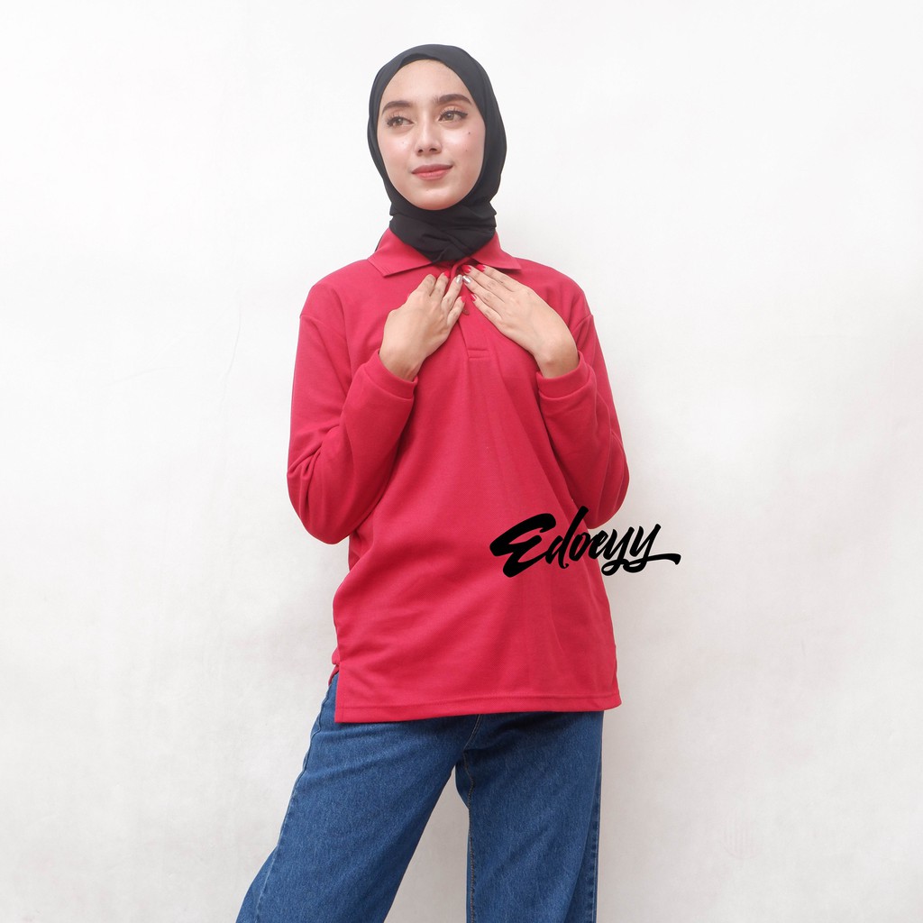 Kaos Polo Shirt Wanita Lengan Panjang MERAH MAROON - Baju Kerah Berkerah Cewek Lengan Panjang
