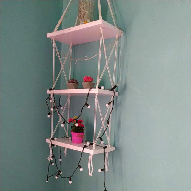 Rak Dinding Gantung Pot Tanaman 3 Susun Putih Tali Putih Minimalis