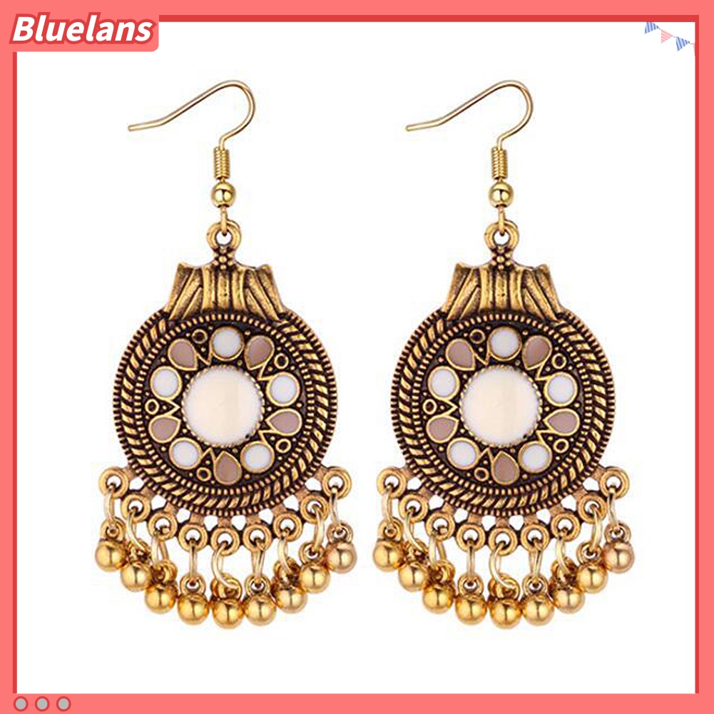 Bluelans Women Ethnic Tassel Disc Flower Bead Pendant Long Dangle Hook Earring Jewelry