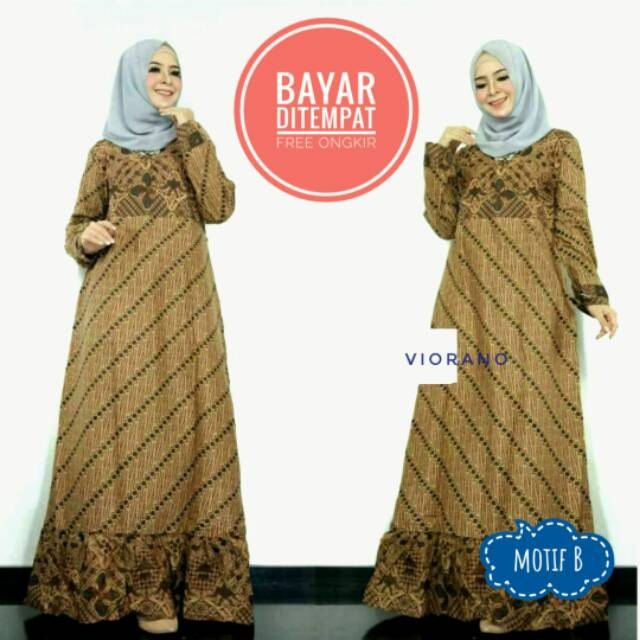 Longdress Batik Wanita Muslimah Model Rempel Katun / Gamis Batik Muslimah Fit XL Resleting Depan