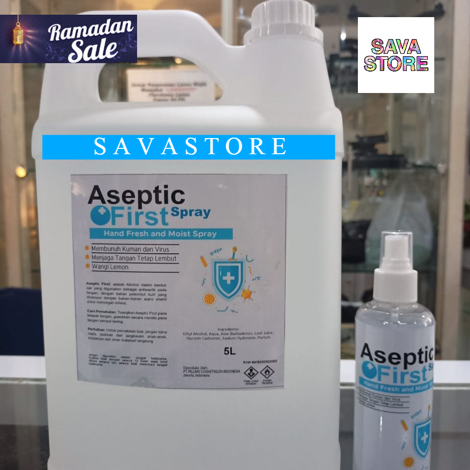 PAKET HAND SANITIZER CAIR 5 LITER + HAND SANITIZER CAIR 250ML ASEPTIC FIRST SPRAY ANTI VIRUS [COD]