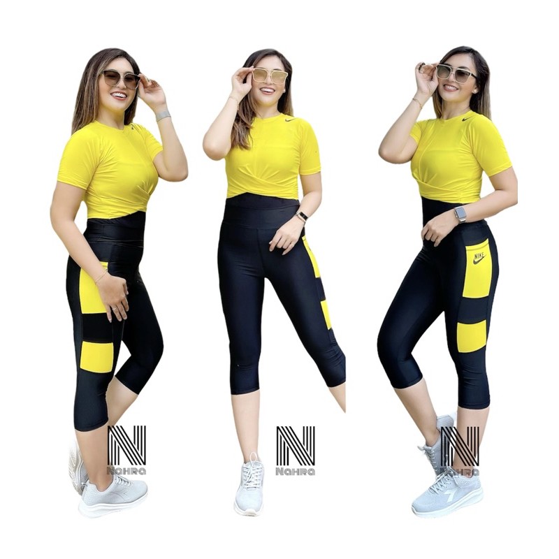 Setelan Baju Senam Nke Crop Silang Kuning Legging Saku/ Stelan Baju Senam Zumba Olahraga Gym Workout
