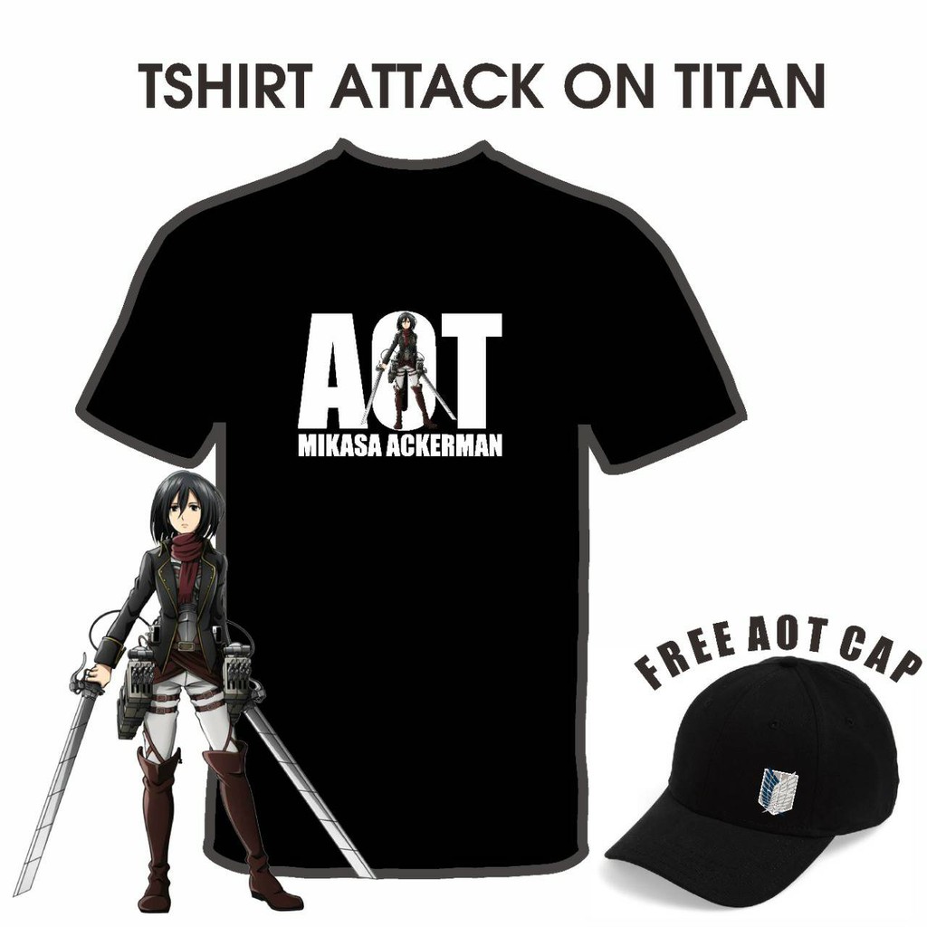 TSHIRT ATTACK ON TITAN CAP / BAJU AOT / TSHIRT ANIME / TSHIRT MIKASA ACKERMAN LEVI ACKERMAN EREN JAE