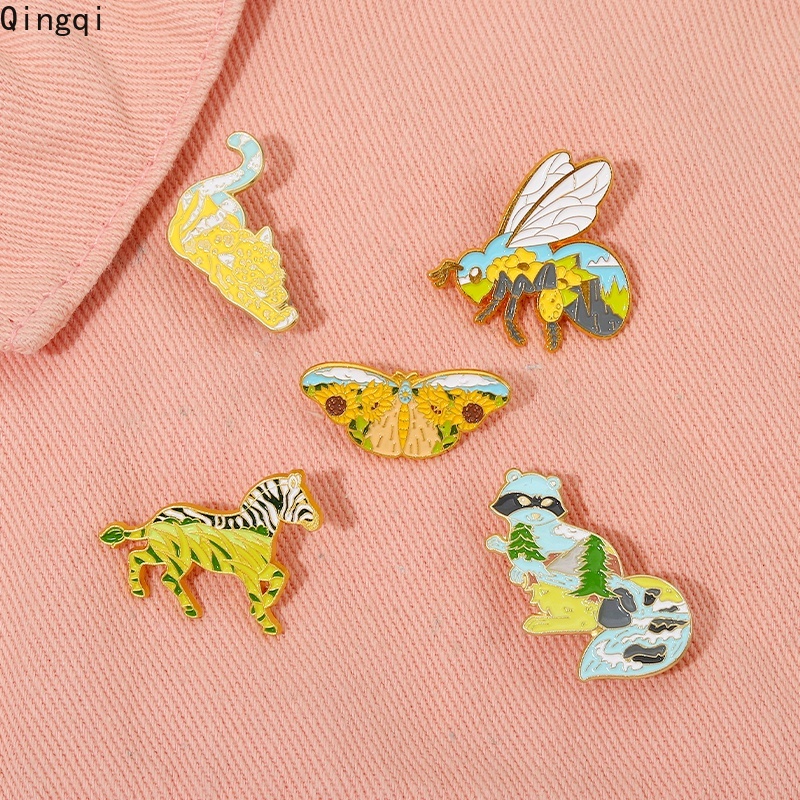 Bros Pin Enamel Bentuk Kartun Hewan Zebra Rakun Leopard Lebah Untuk Hadiah Anak