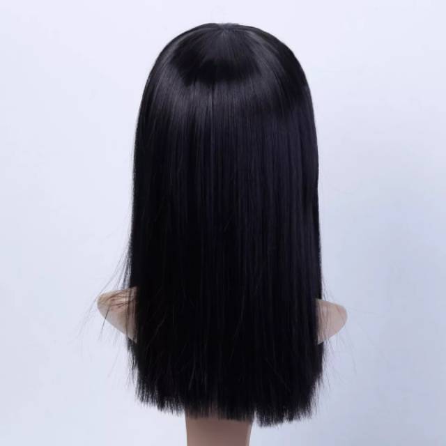 Wig sintetis lurus hitam sebahu wanita