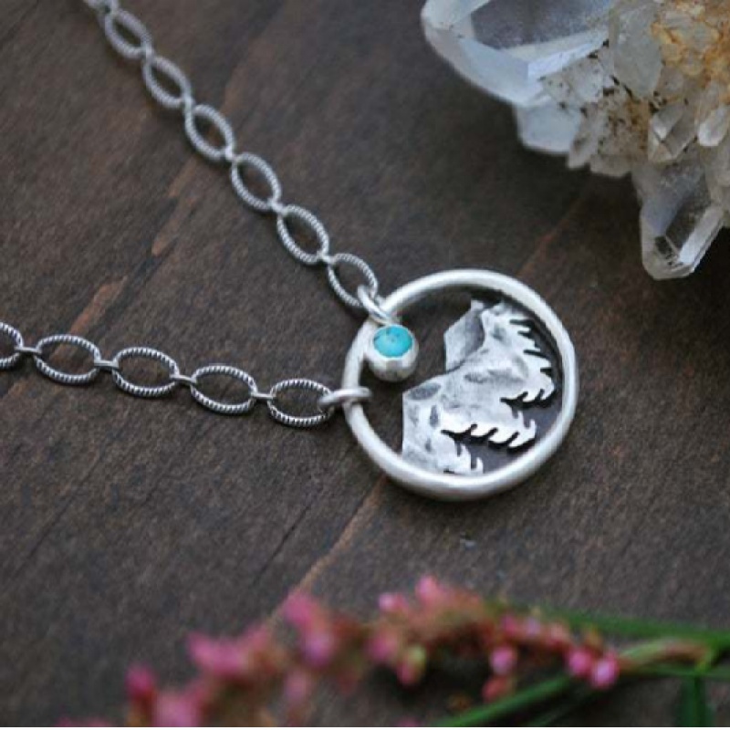 Kalung Liontin Matahari Terbenam Turquoise Bahan 925 Silver Stainless Steel Untuk Wanita