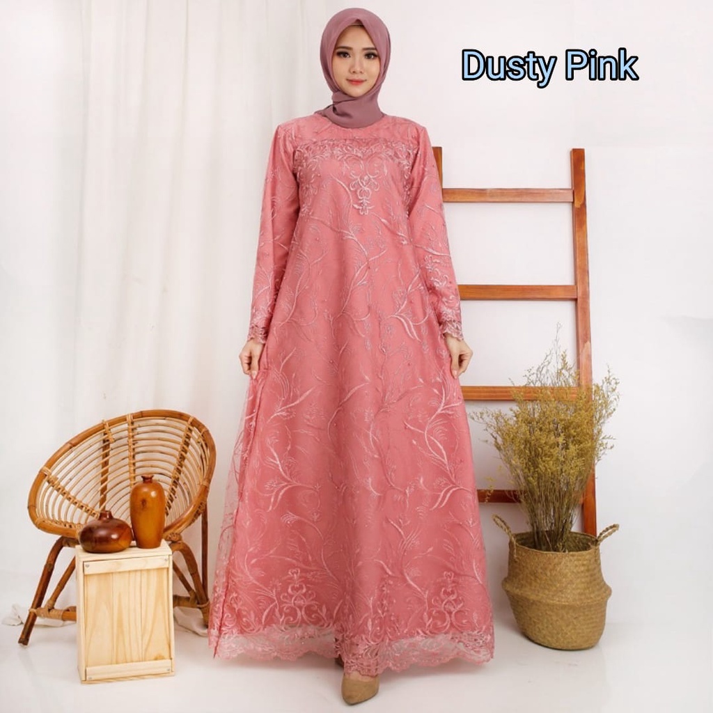 RED LOVE 136/(TERMURAH)/GAMIS BELLA FULL BRUKAT TILE FULL MUTIARA BORDIR/ GAMS MAXI TILE TERBARU/ GAMIS PESTA MEWAH MUSLIMAH/ GAMIS KEUNDANGAN / MAXI FULL DEPAN BELAKANG