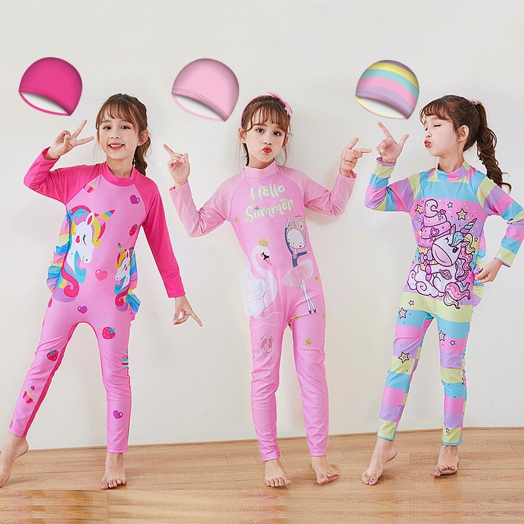 BR8-FREE TOPI Baju Renang Import Anak Laki Perempuan One Piece Lengan Panjang