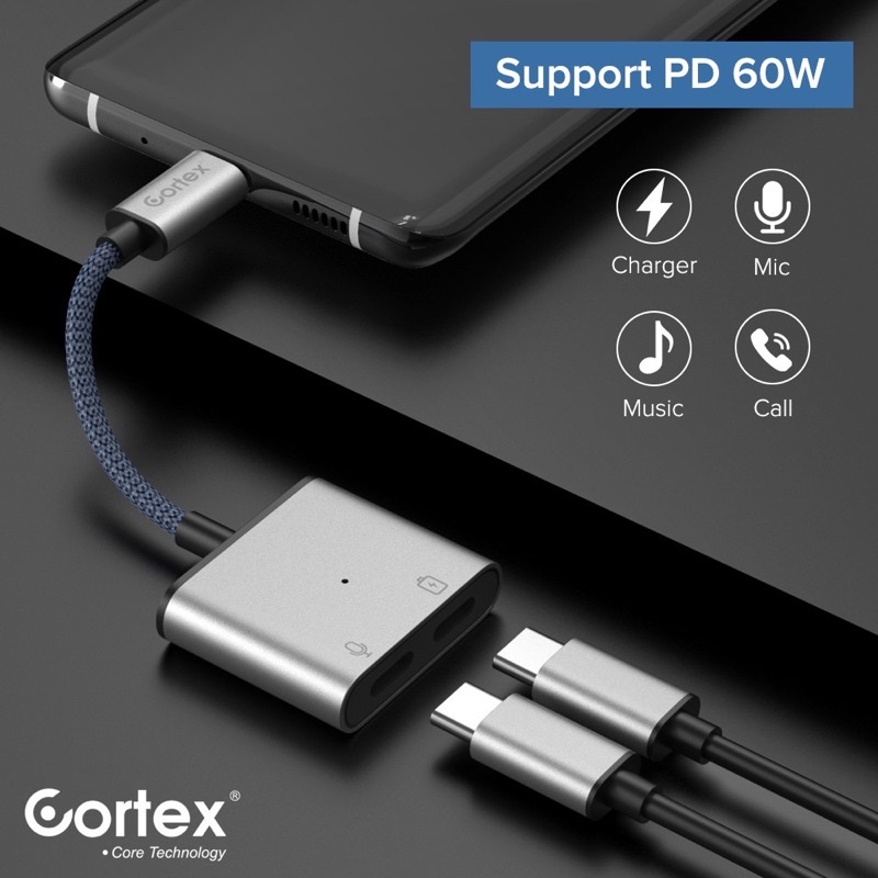 Cortex Adapter Splitter 2 in 1 60W Tipe c to 3.5mm to Type C USB C iPad Pro  Xiaomi Samsung Google