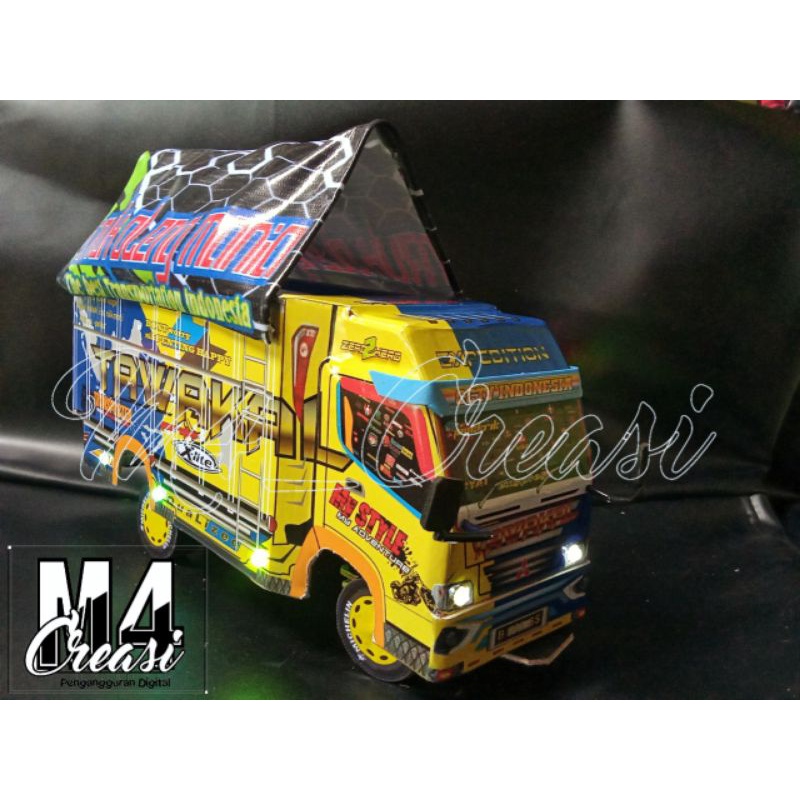 MINIATUR TRUK OLENG MURAH FULL LAMPU TERPAL TAWAKAL BIRU KUNING