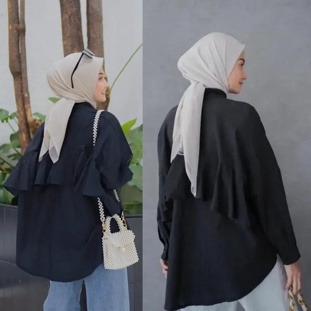 Alika shirt - Basic Kemeja Wanita Oversize aksen Ruffle Belakang / kemeja big size lengan panjang wanita / atasan korean style wanita / atasan kemeja wanita / top ruffle wanita / kemeja ruffle wanita / kemeja ruffle belakang / atasan wanita kekinian