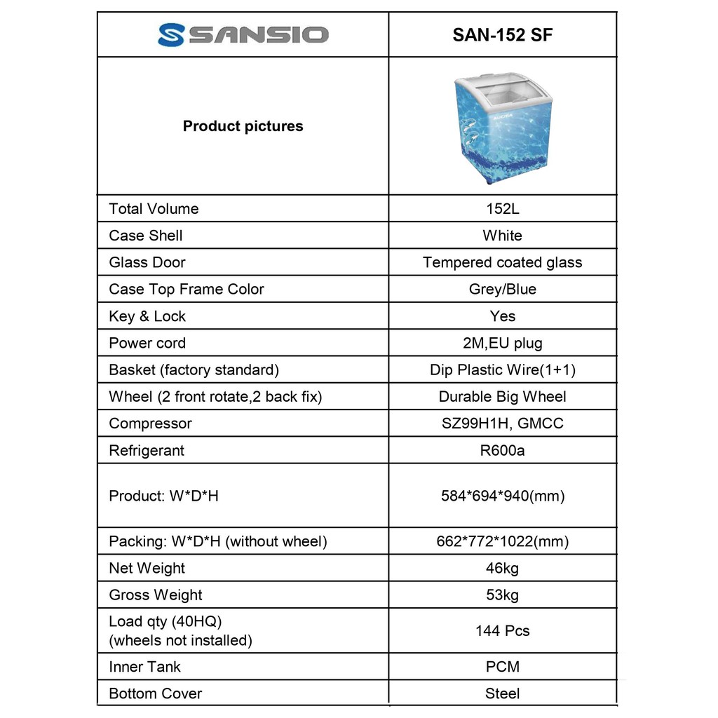 Sliding Glass door Freezer SANSIO SAn 152SF