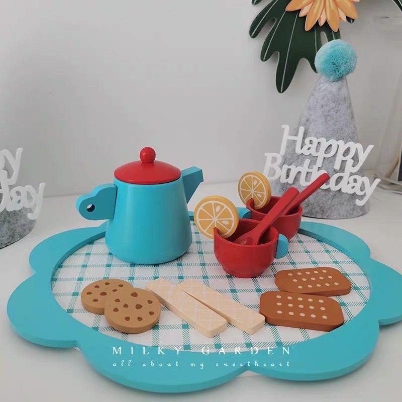 blue wooden afternoon tea set pretend plays