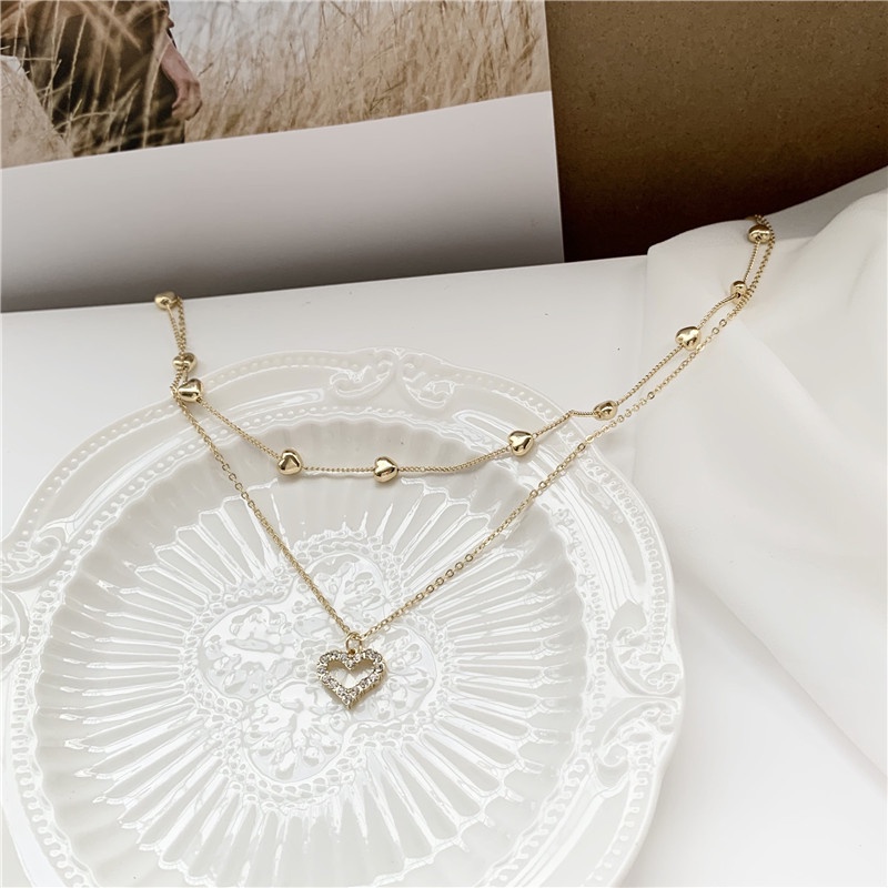 Kalung Choker Rantai Klavikula Hias Liontin Hati Kristal Multilayer Gaya Korea Untuk Wanita