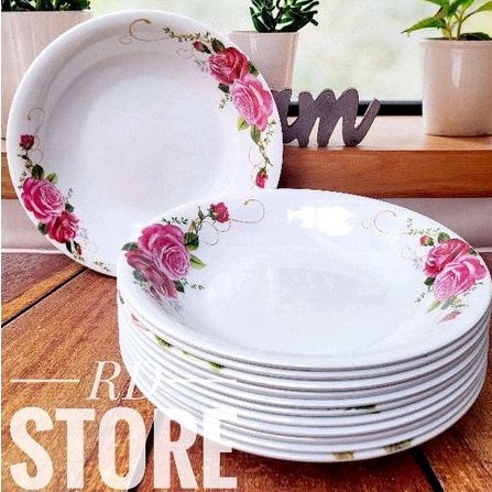 PROMO 12.PCS PIRING MAKAN CEKUNG MOTIF ROSE MELAMINE