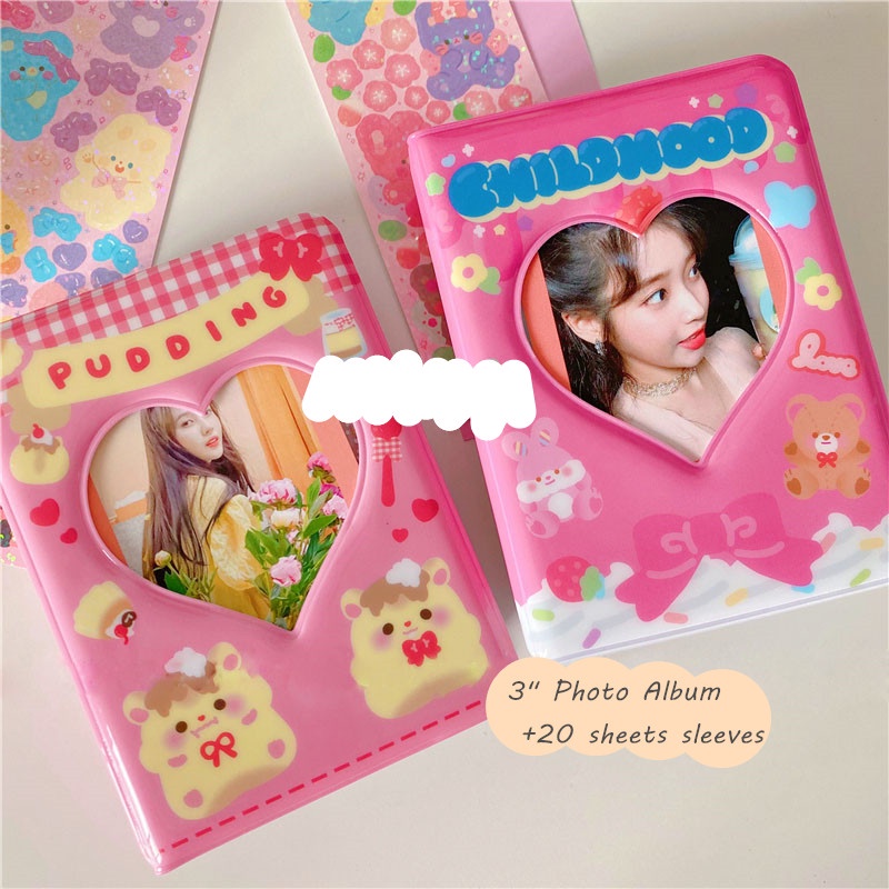 Mini 3 Inch Heart Photo Album with 20pcs Sleeves Bags Cute Pudding Bear Storage Card Bag Postcards Collect Photo Album Organizer