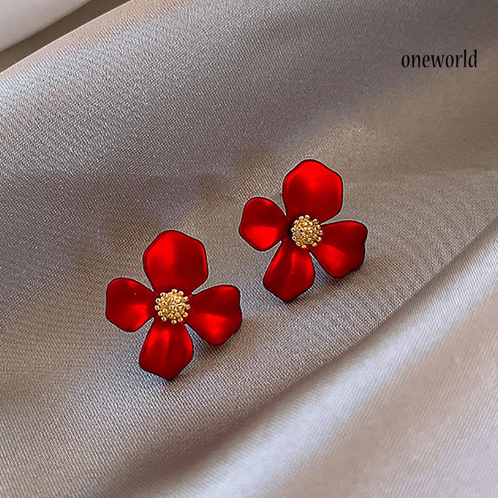 OW# 1 Pair Women Sweet Red Flower Shape Four Petals Ear Stud Earring Jewelry Accessory