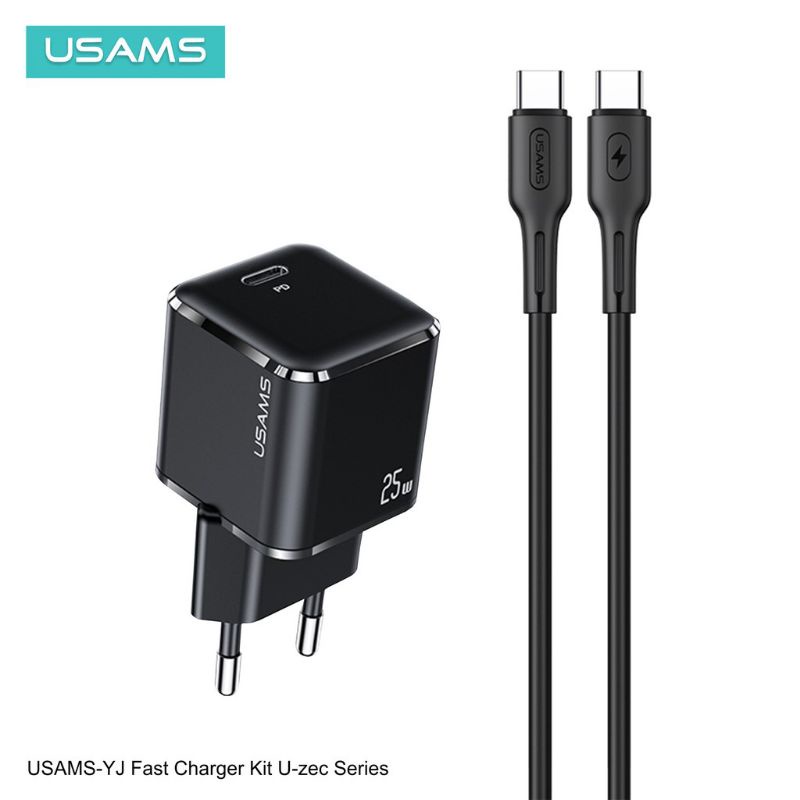 USAMS U-Zec Fast Charger Super Si 25W + Kabel Data  C to C PD QC