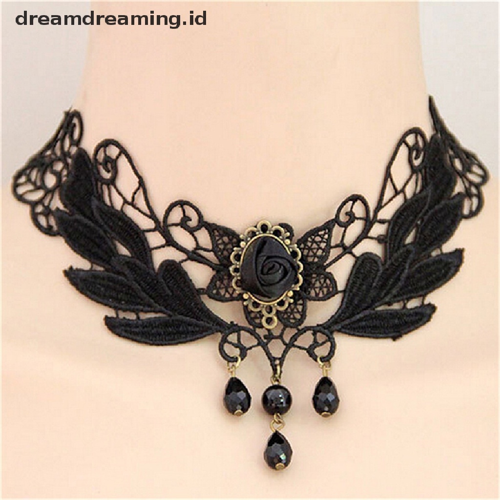 Dreamdreaming.id Kalung Choker Wanita Bahan Lace Hias Mawar Hitam