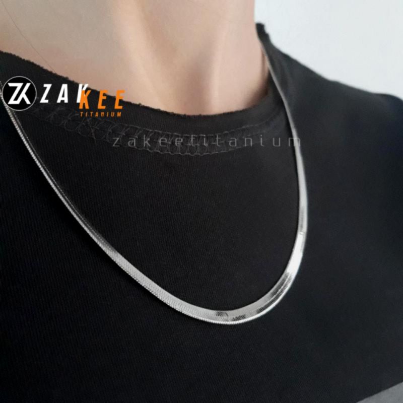 Kalung Titanium Pria Wanita Anti Karat Silver Perak Putih Cowok Cewek Keren Kalong Belut Stainless Steel Flat Kilau Panjang 45cm 50cm 60cm